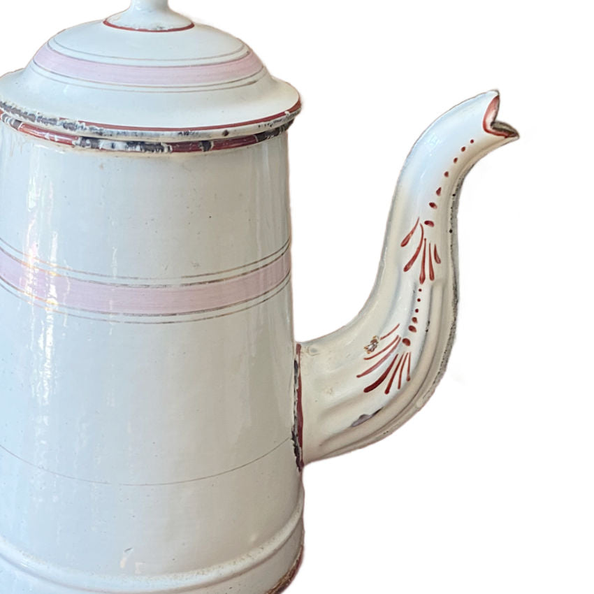Antique French Enamelware White & Pink Cafetière