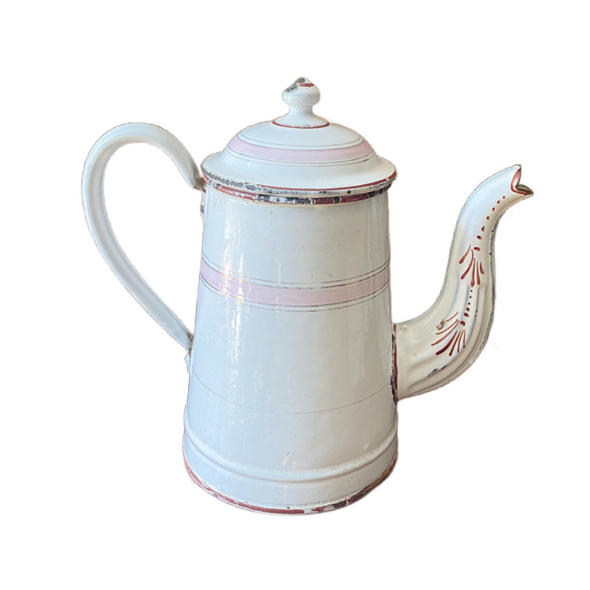 Antique French enamelware cafetière in white and pink with classic form, soft patina, and charming hand-painted details.
