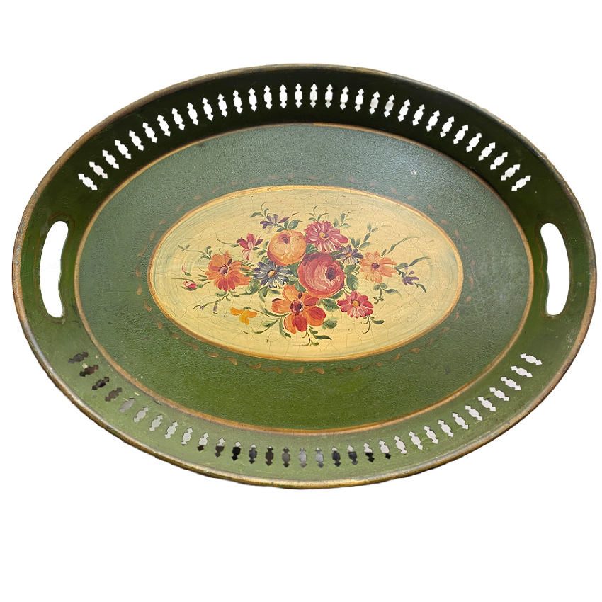 antique French tray, French country decor, hand painted tole, floral tole tray, vintage French serving tray, French cottage style, painted metal tray, French farmhouse decor, 19th century French tole, floral bouquet design, antique decorative tray, French provincial decor, shabby chic French tray, collectible French toleware, European antiques