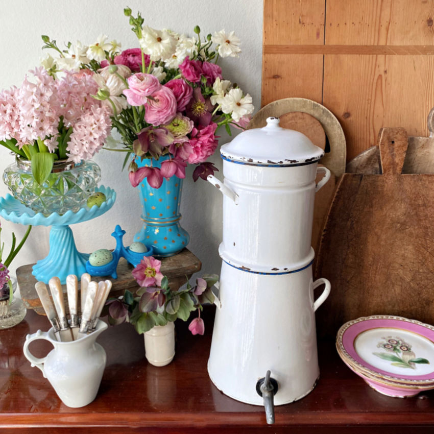 Antique French Huge Enameled White Hotel Coffee Pot