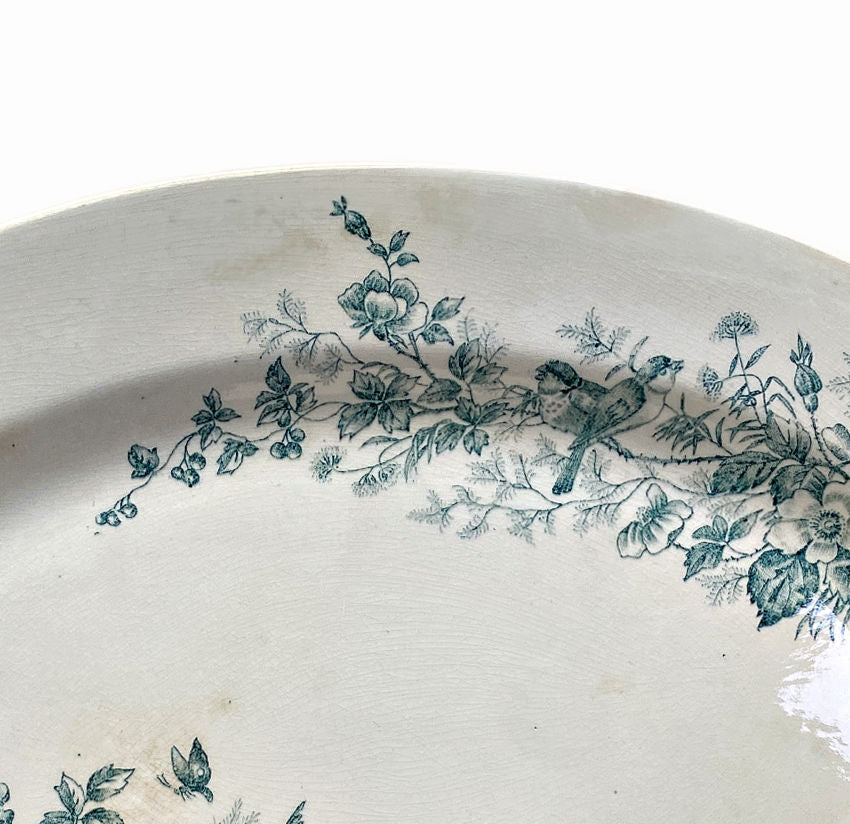 Antique French Longwy platter Mignon with bird design