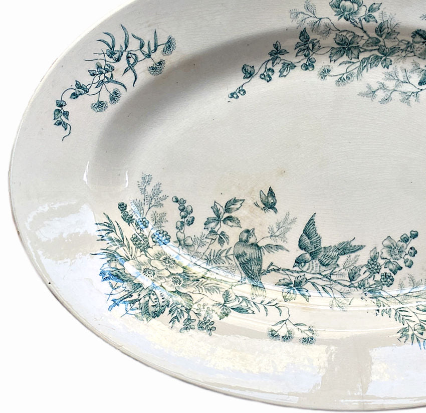 Antique French Ironstone Platter with Blue Birds 1880's
