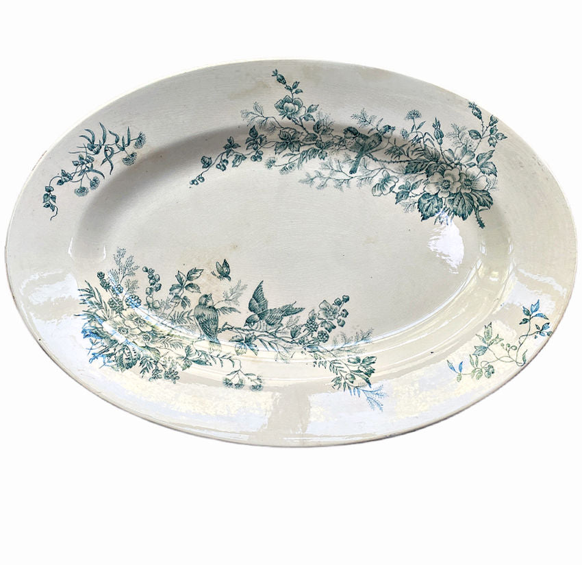 Antique French Ironstone Platter with Blue Birds 1880&#39;s