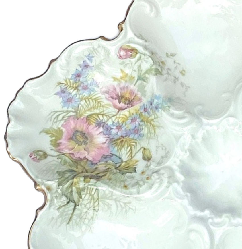 Antique French Limoges Pastel Garden Flowers Oyster Plate