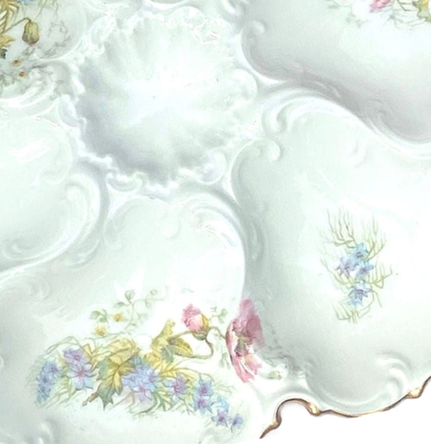 Antique French Limoges Pastel Garden Flowers Oyster Plate