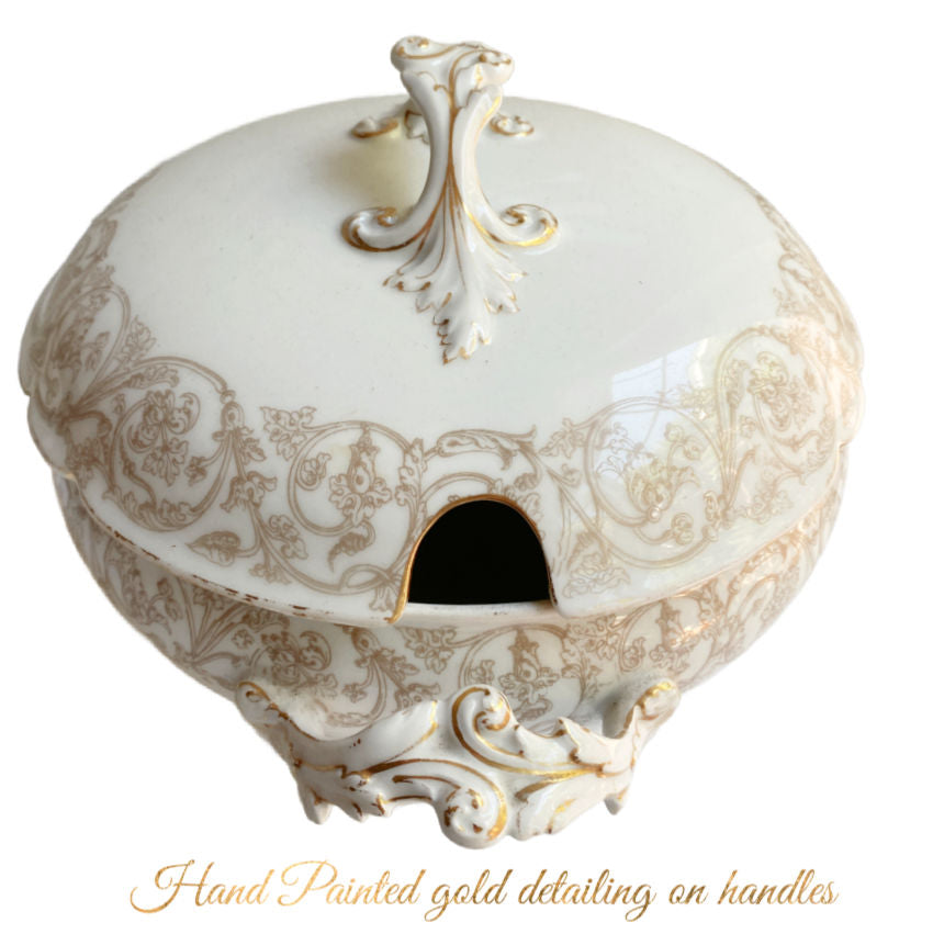 Antique French Limoges White and Gold Covered Tureen