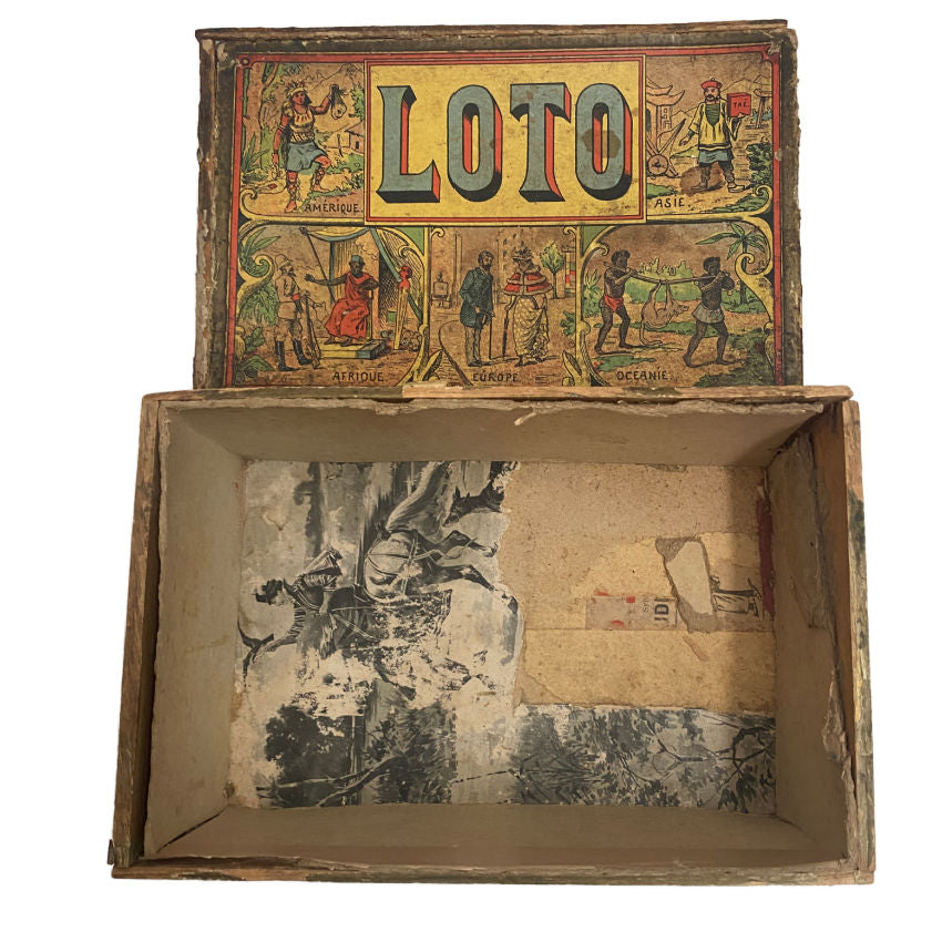 Antique French Loto Game Cards in Shabby Box