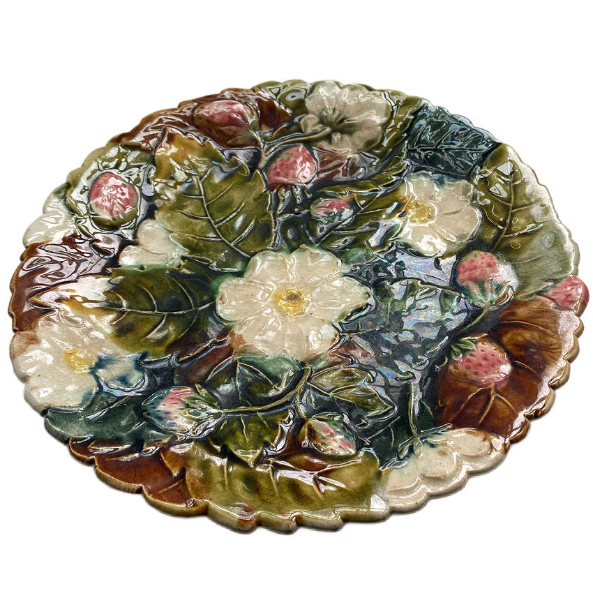 Antique French Majolica Strawberries Plate