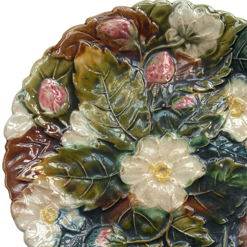 Antique Barbotine French plate of majolica strawberries and leaves