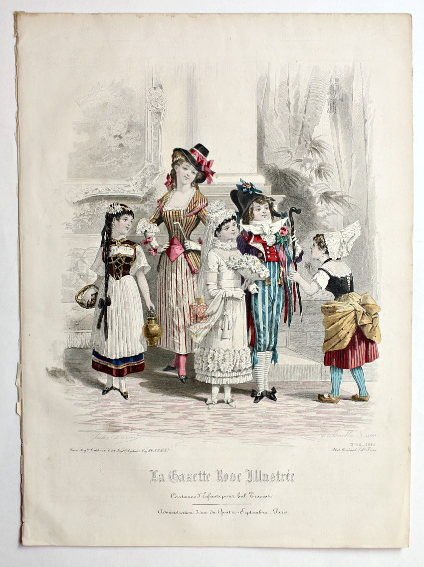La Gazette Rose Illustree, Paris, 1882 Engraving Signed, children in Mardi Gras costumes