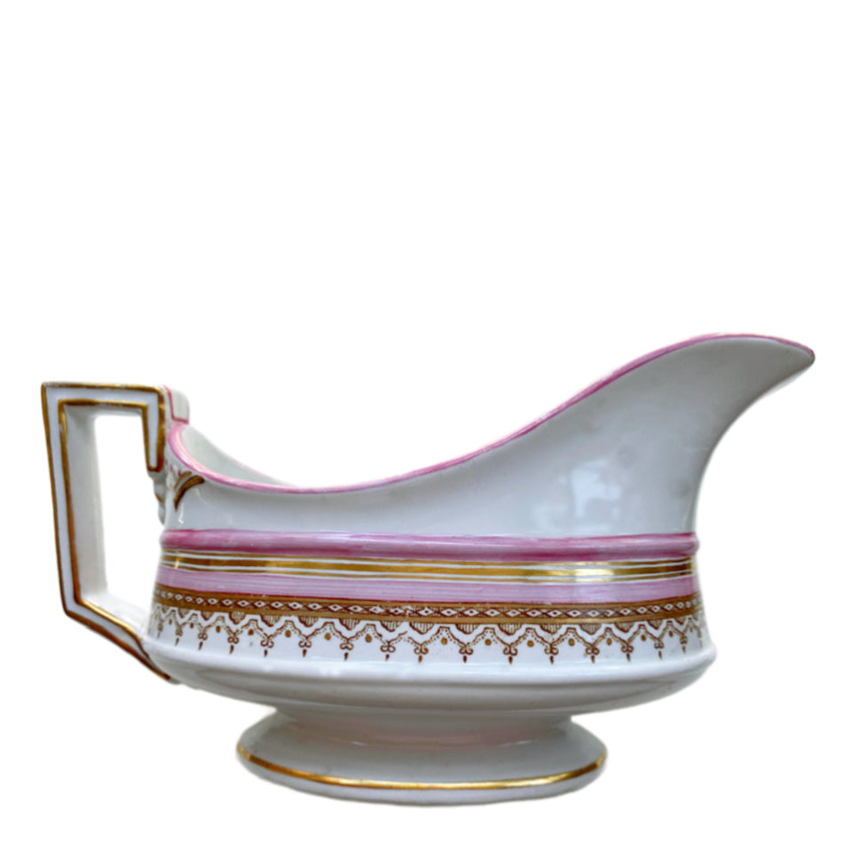 Antique French Old Paris porcelain sauce boat with pink hand painted bands and gilt decoration