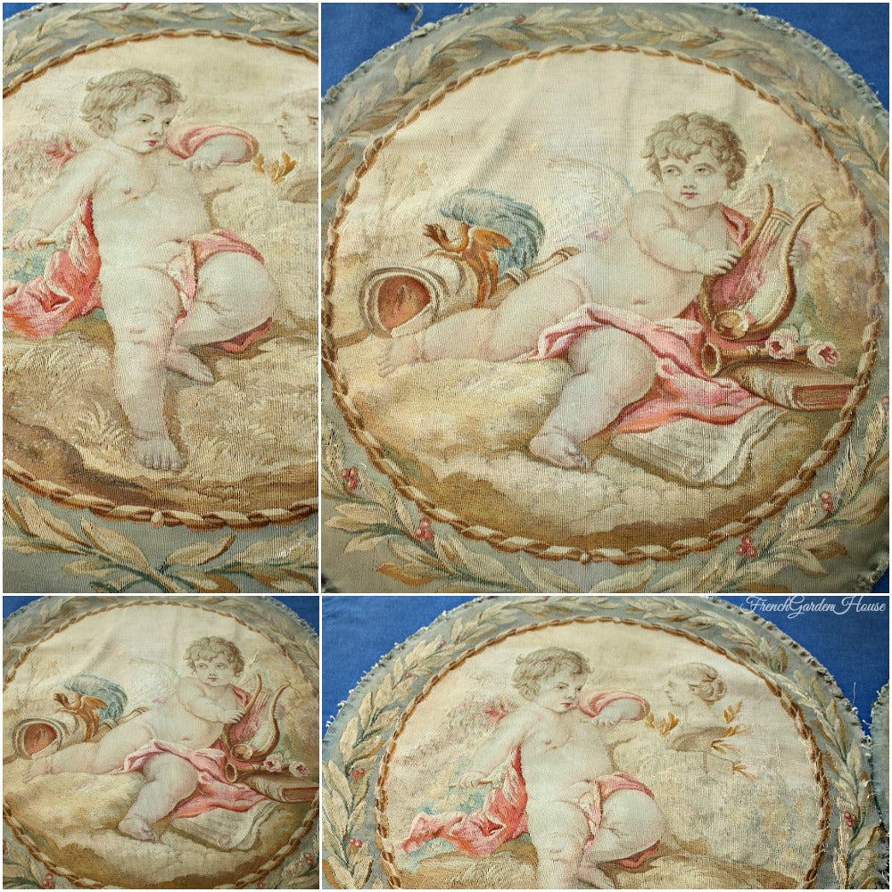 Pair of Antique French Aubusson Pillow Covers Cherub & Roses