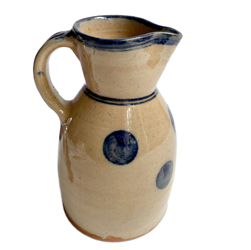 Adorable antique French polka dot pitcher from Burgundy. Hand-painted cobalt blue dots, full of French country charm and provincial elegance.