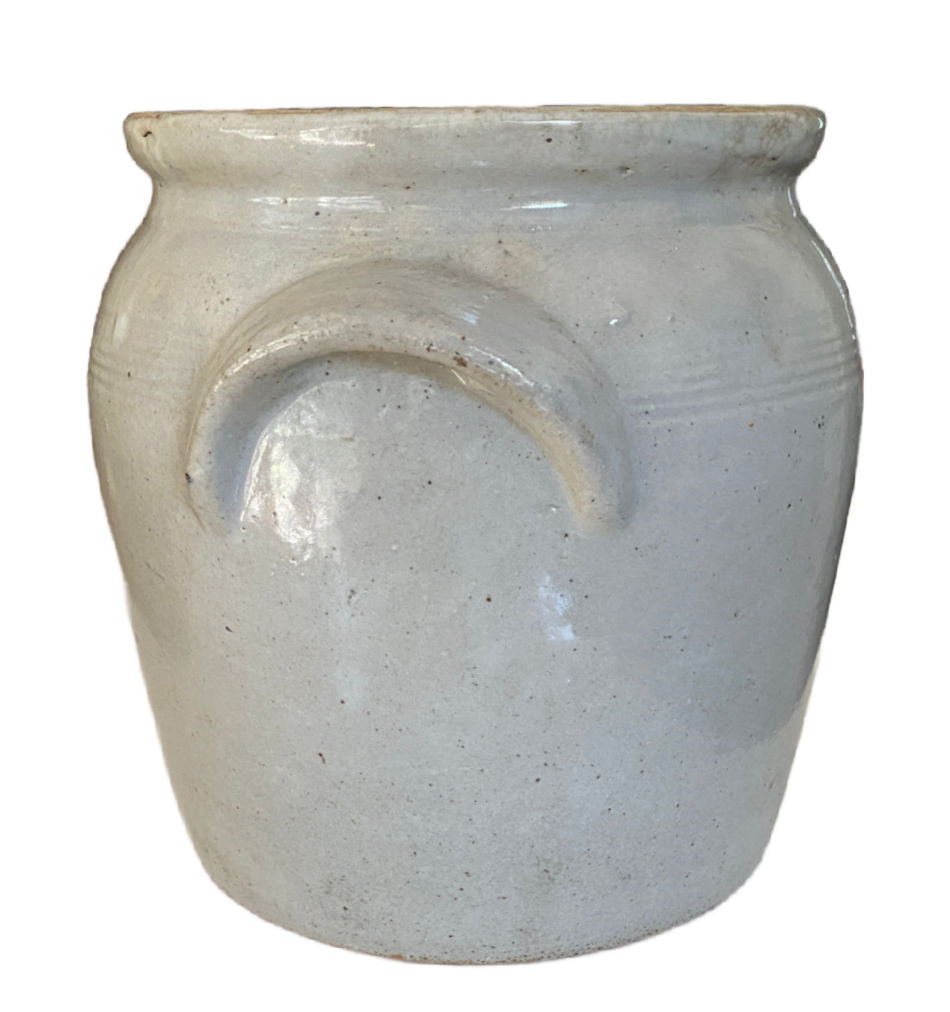 Antique French Provincial Glazed Earthenware Crock with Scalloped Handles