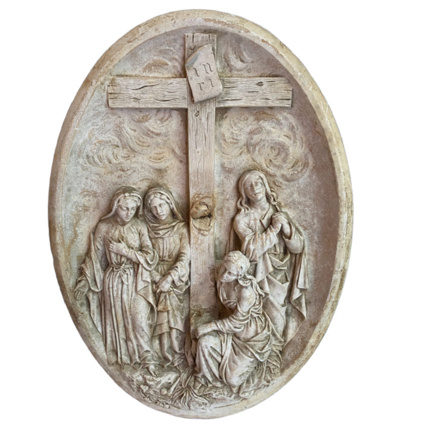 Antique French Religious Plaque Pie Donne Pious Women Cross Oval Plaster Bas Relief