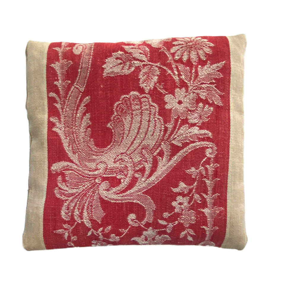 Antique French ticking lavender sachet pillow with woven rococo shell and floral design
