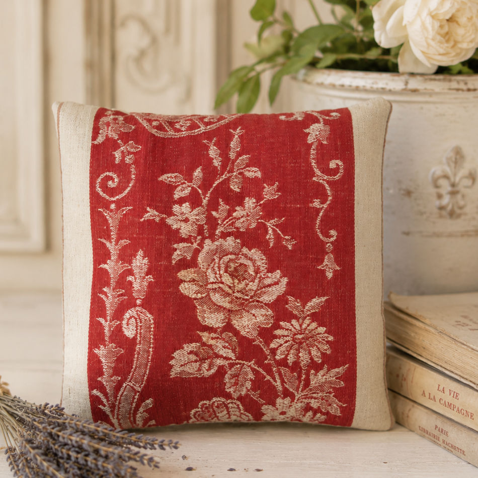 Antique French ticking lavender sachet pillow with woven rose and floral design