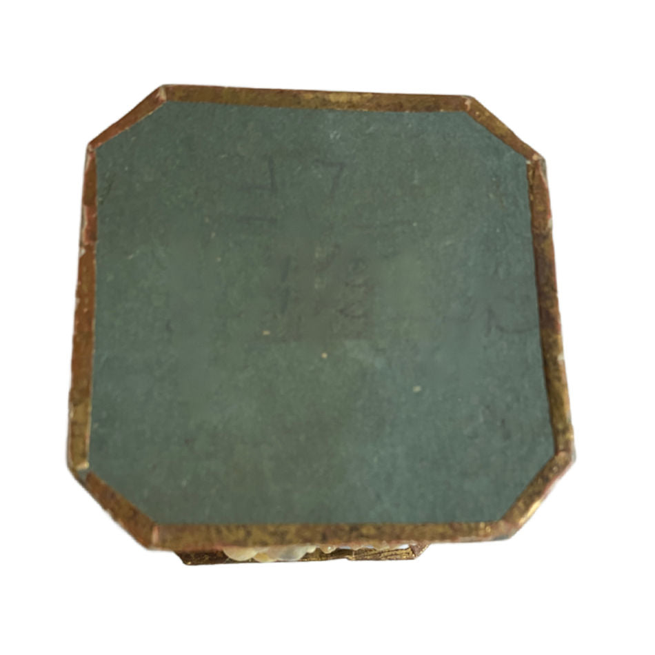 Antique French souvenir box with shellwork, mirrors, and green silk bottom