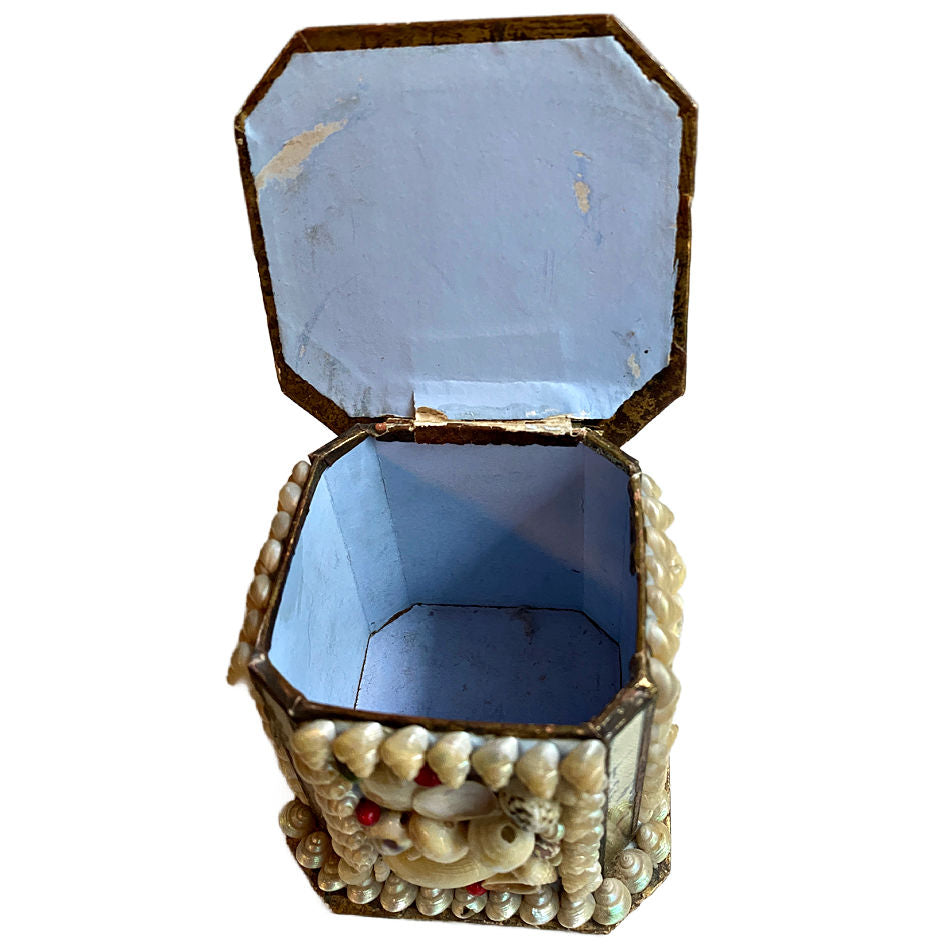 Antique French shellwork souvenir box with mirrored sides blue papered view inside