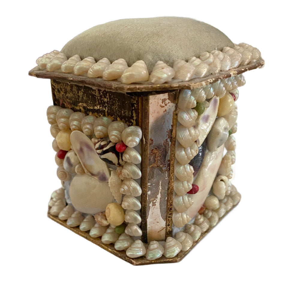 Antique French shellwork box with mirrored side panels