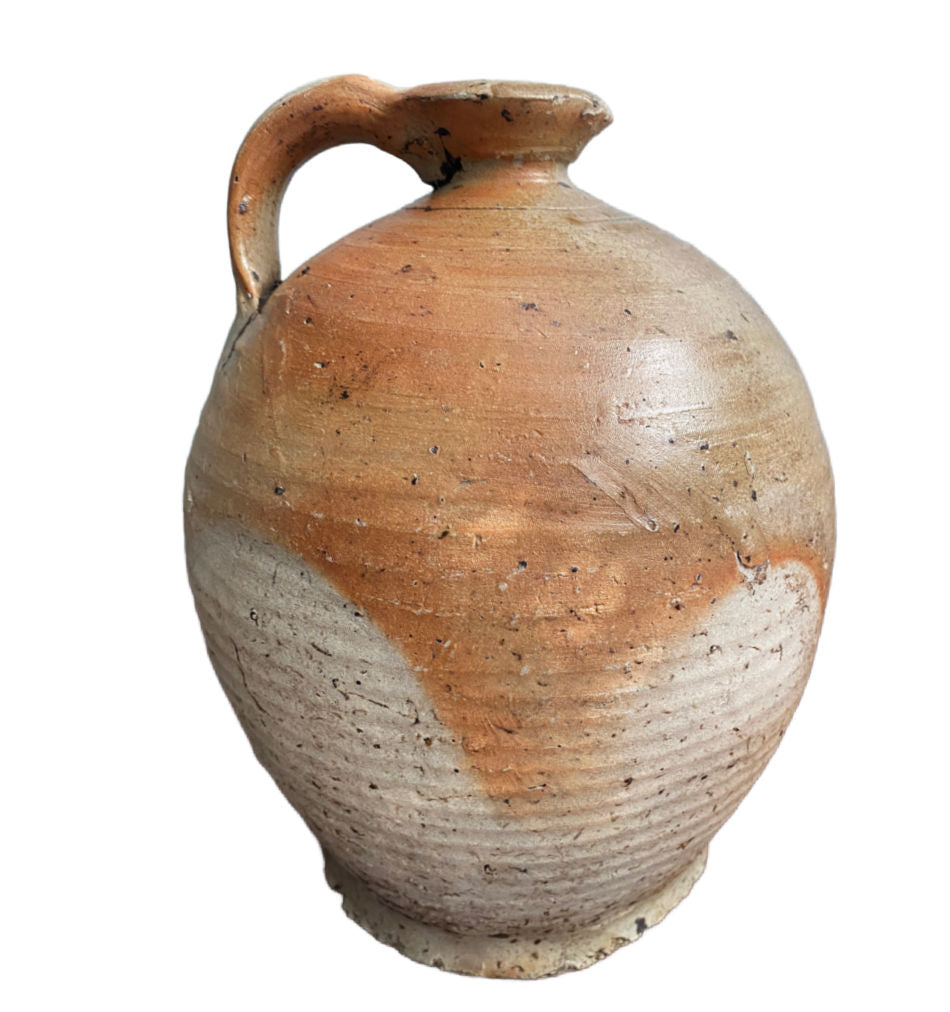 antique French stoneware oil jug with rustic provincial charm
