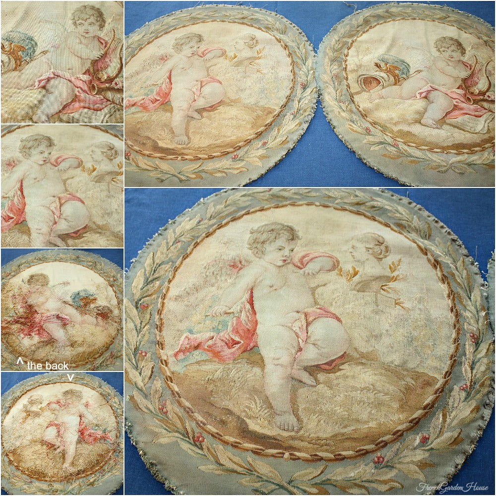 Pair of Antique French Aubusson Pillow Covers Cherub & Roses