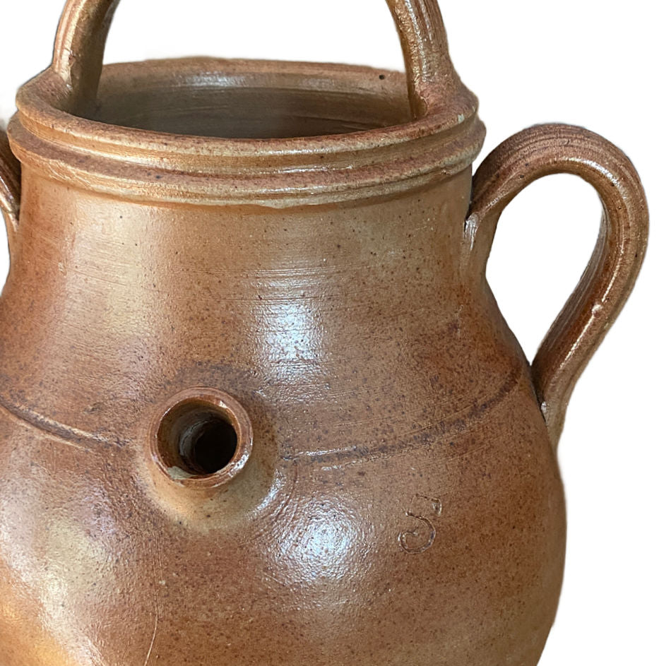 Antique French terracotta oil jar showing original front spout and incised 5