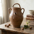 Antique French terracotta gargoulette water jug with three handles and warm honey-brown glaze