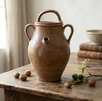 Antique French terracotta gargoulette water jug with three handles and warm honey-brown glaze