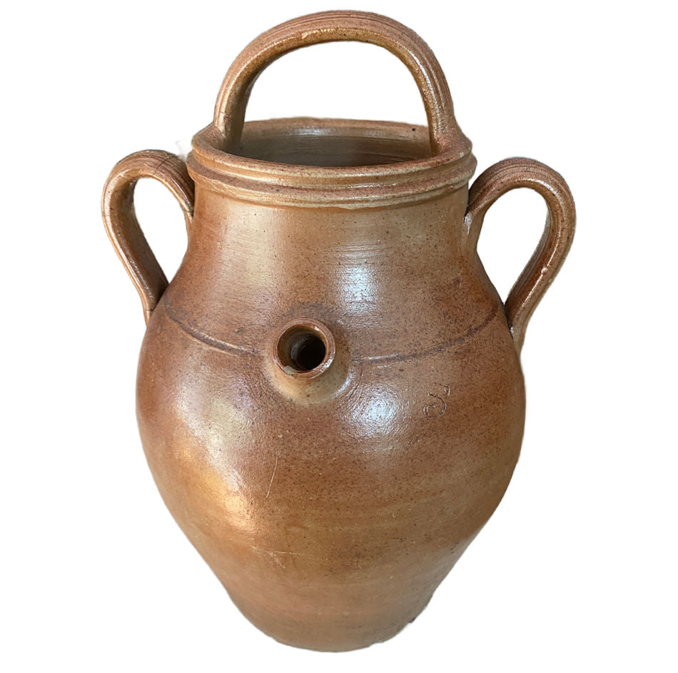 Antique French terracotta water jug showing its three original handles