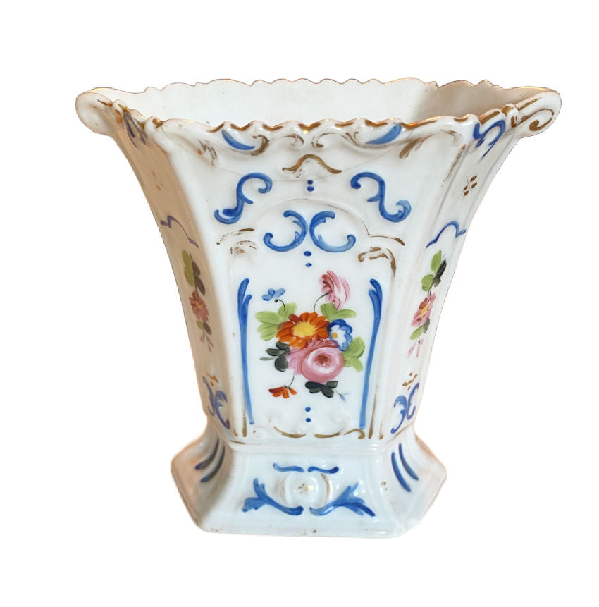 Antique French Vieux Paris porcelain vase with blue and floral patterns, and gold accents.