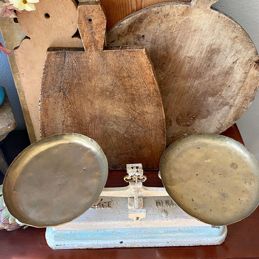 Antique French White and Aqua Blue Iron and Brass Balance Scale