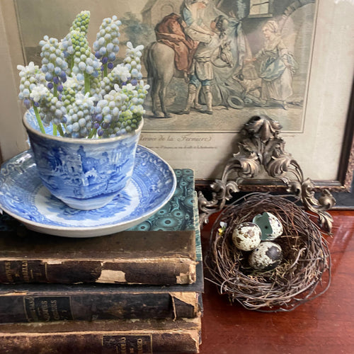 19th century french pediment ornament salvage decor styled with antique leather books, blue and white cup, and birds nest