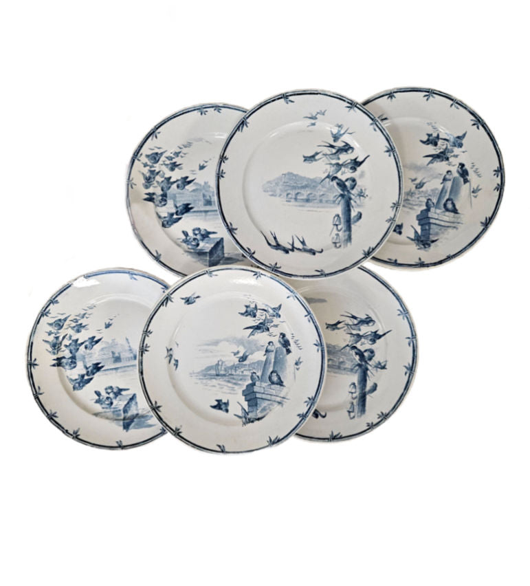 Antique Gien Oiseaux et Bourgeois 8" blue transferware plates, set of six. 19th century French faience with birds and scenic details.