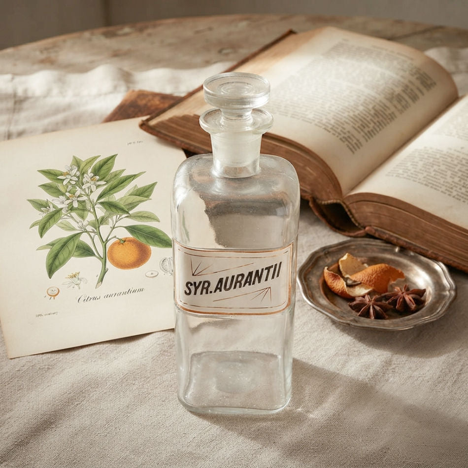 Historic pharmacy bottle styled with antique books and collected objects