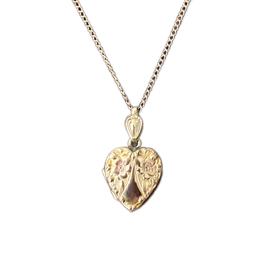 Antique gold-filled heart locket with forget-me-not flowers