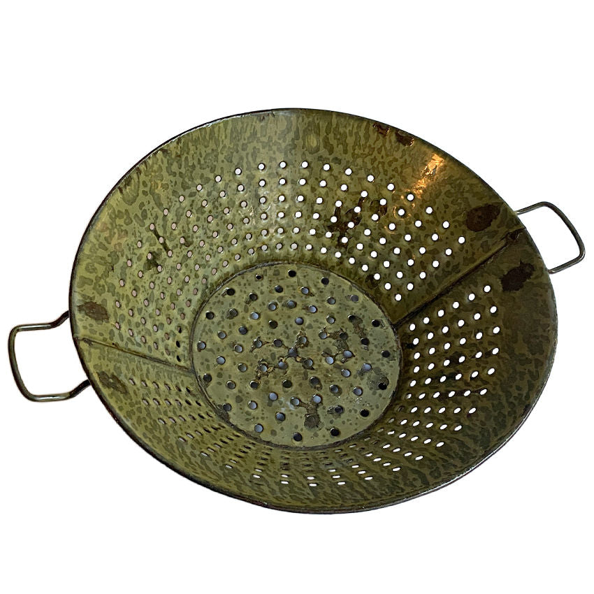 Antique colander, green enamel, country décor, rustic elegance, collectible home accent, enamelware, decorative kitchen piece, historic home décor