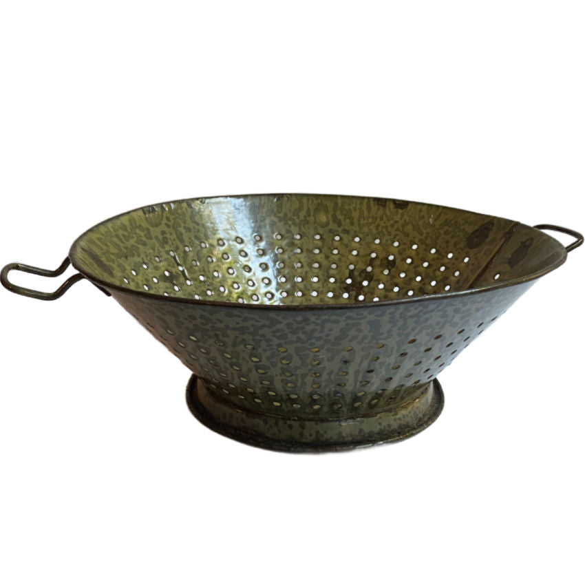 Antique Green Enameled Country Colander — Rustic Elegance for Home & Garden