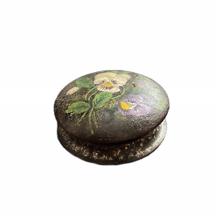 Antique Hand Carved Wood Snuff Box with Hand Painted Pansies