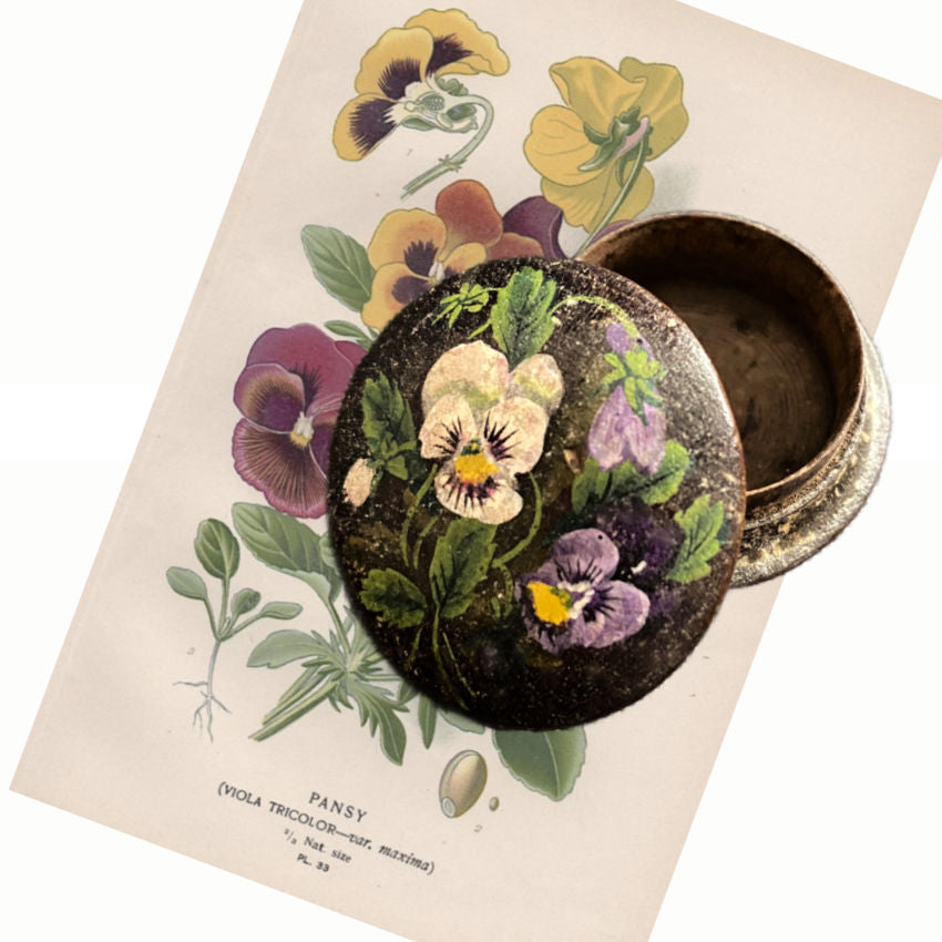 Antique Hand Carved Wood Snuff Box with Hand Painted Pansies