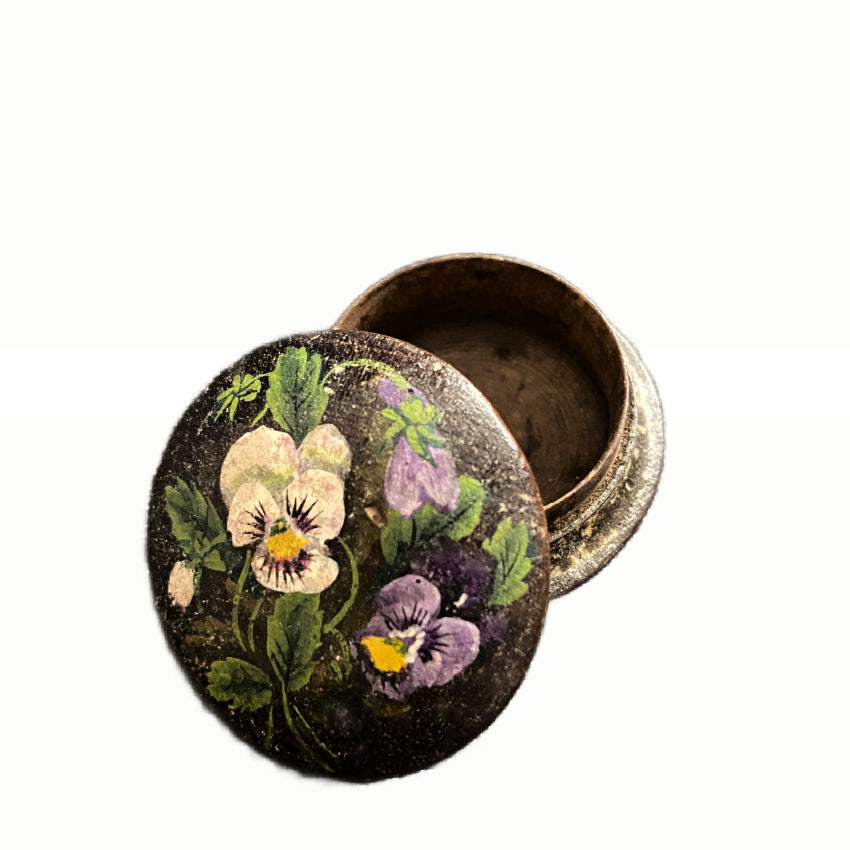 Round decorative box with floral design o purple and white pansies