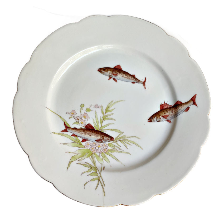 Antique Hand Painted Porcelain Fish Plates Set of 9