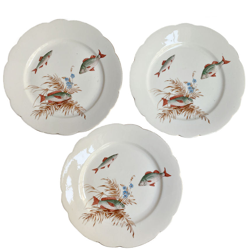 Three antique porcelain plates with fish and floral designs on a white background