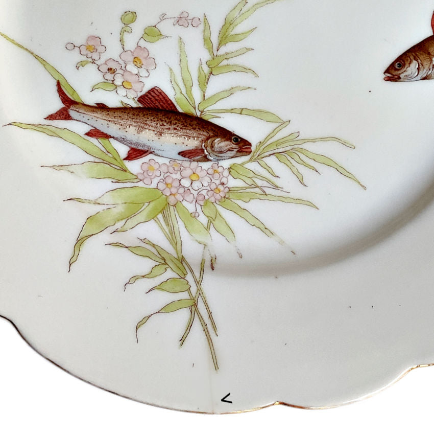 Antique Hand Painted Porcelain Fish Plates Set of 9