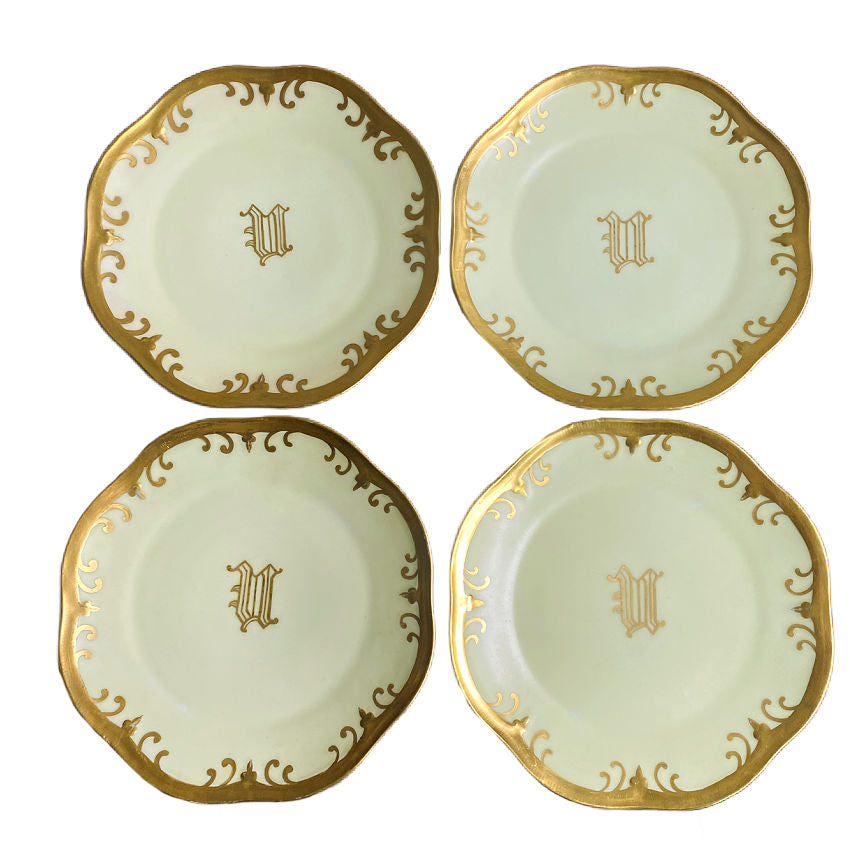 Antique Hand Painted Light Chartreuse Yellow Plates with 24kt Gold Details Set 4