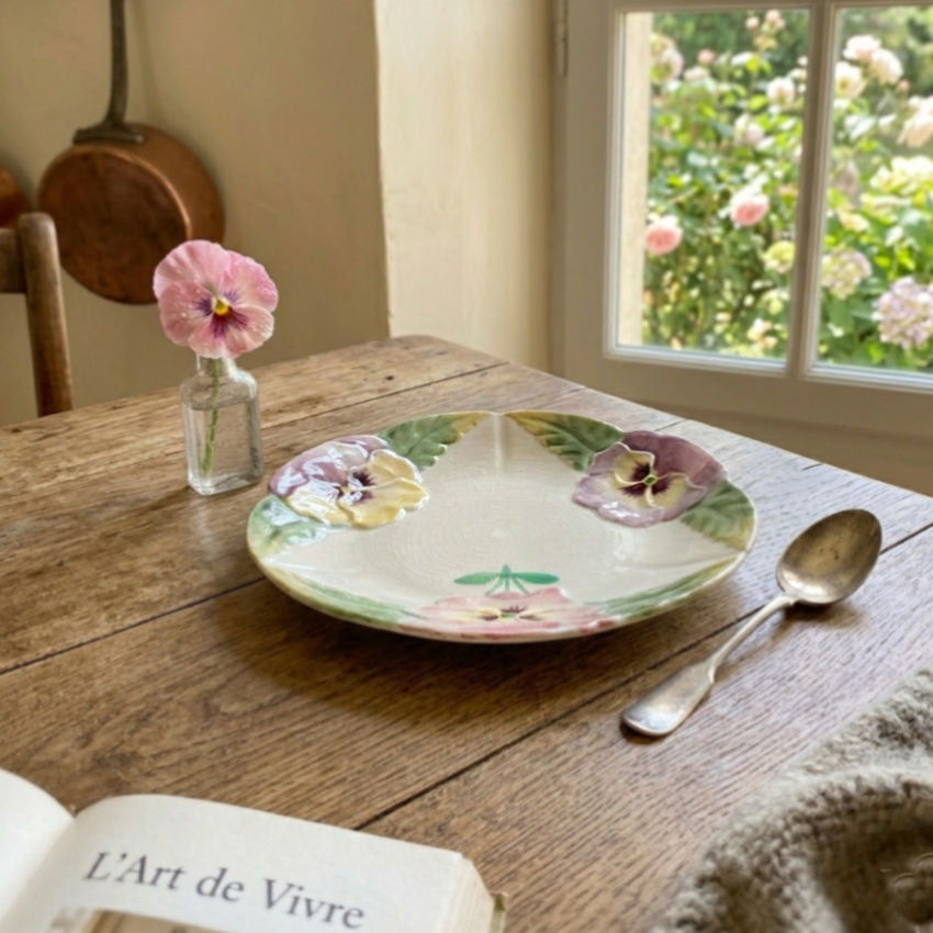 Antique Hautin Boulenger & Cie pansy plate pink purple floral majolica decor in French setting with garden window