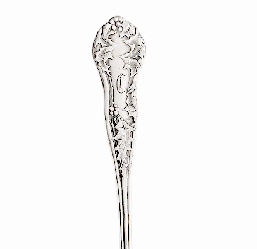 Antique 1904 Holly pattern silver plated jam spoon with raised holly and berry design. Elegant Edwardian serving piece for holiday or tea table.