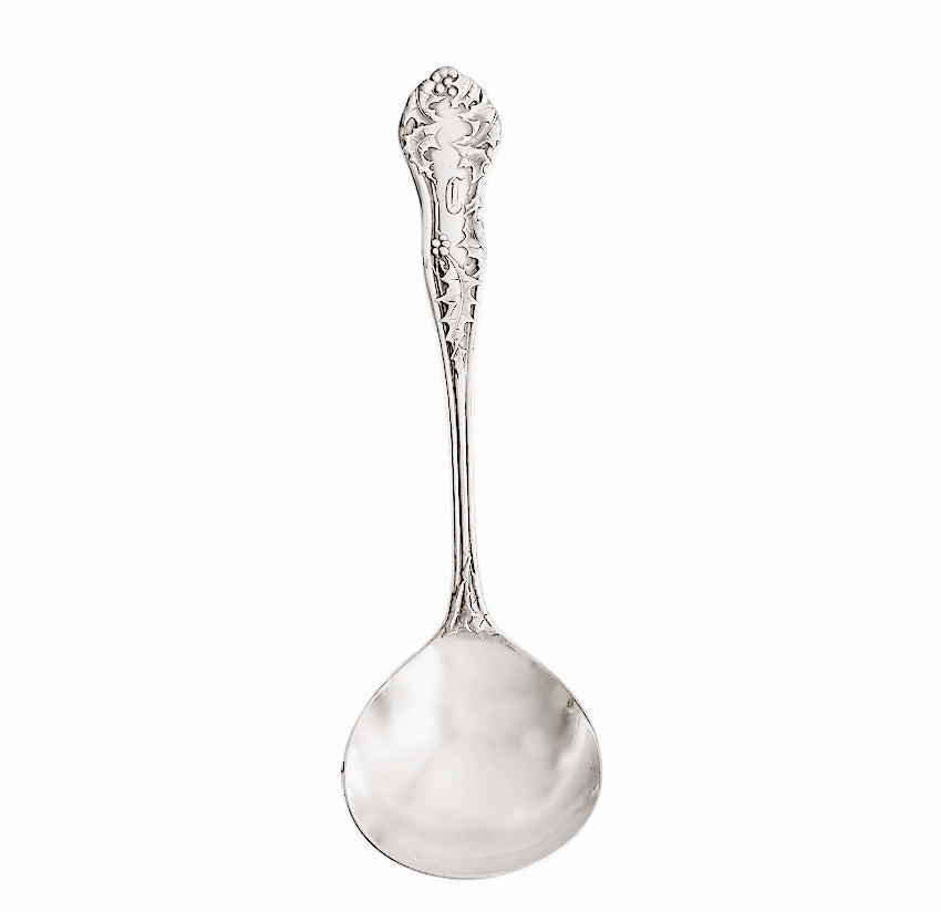 Antique 1904 Holly pattern silver plated jam spoon with raised holly and berry design. Elegant Edwardian serving piece for holiday or tea table.