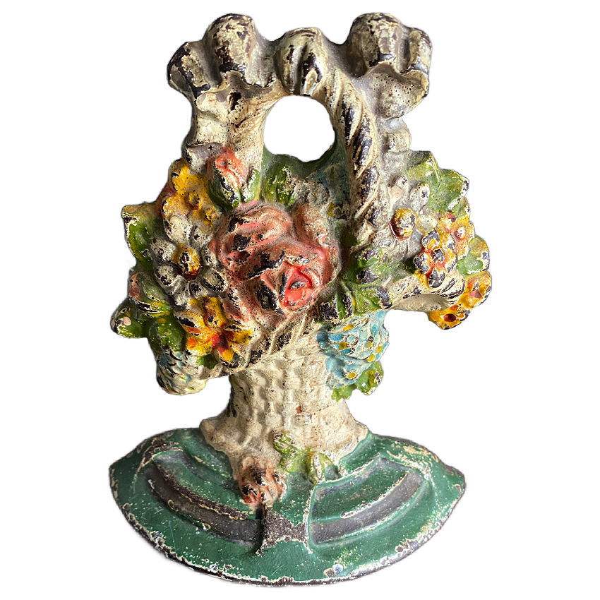 Antique Hubley cast iron flower basket doorstop original paint