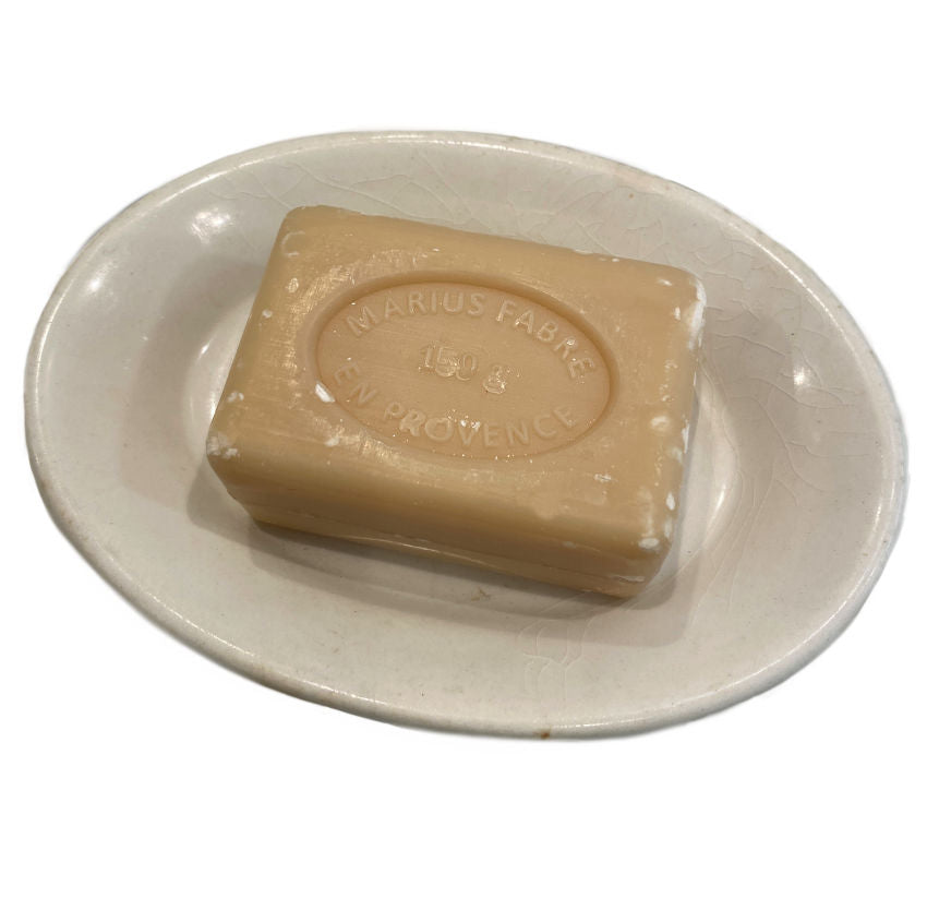 Antique French ironstone soap dish with Marius Fabre Marseille soap. Elegant 19th-century charm for your bath or French country home.